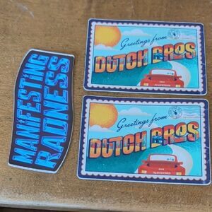 Manifesting Radness Sticker + Dutch Bros Postcard Stickers (Blue, Teal, Orange)